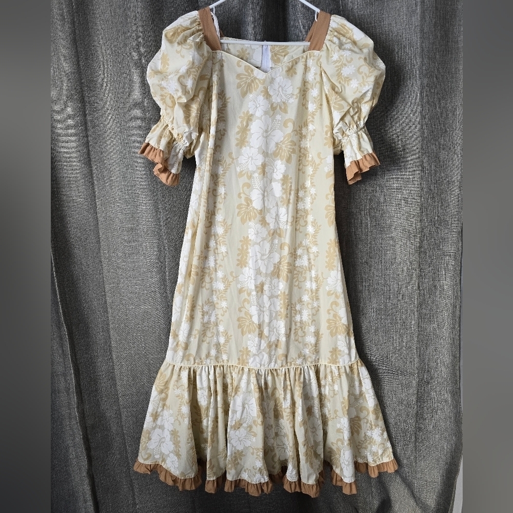 Royal Creations Hawaiian Puff Sleeve Maxi Dress Sz XL Ruffles Floral Tan